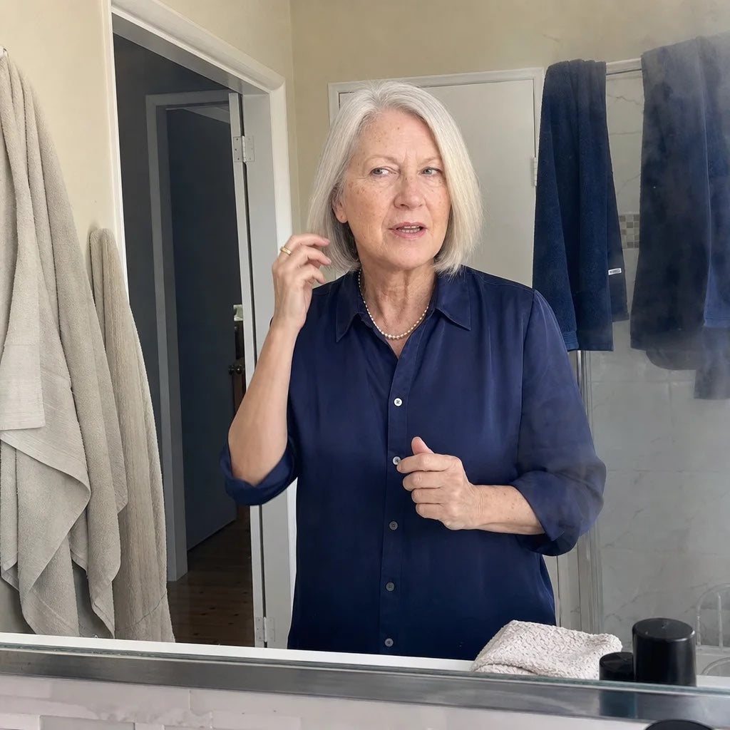 Eine Frau macht sich vor ihrem Badezimmerspiegel fertig