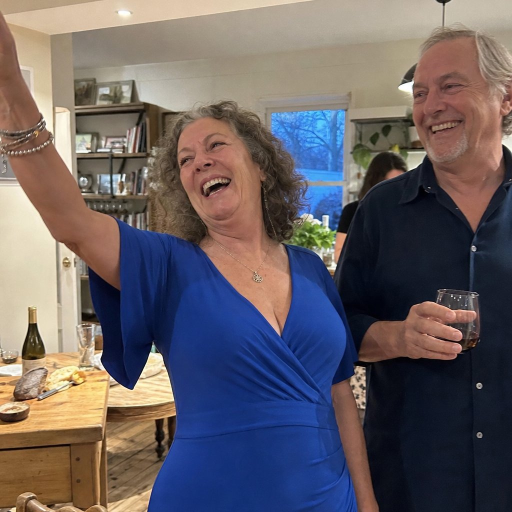 Eine Frau in einem blauen Kleid lacht auf einer Feier mit ihrem Begleiter