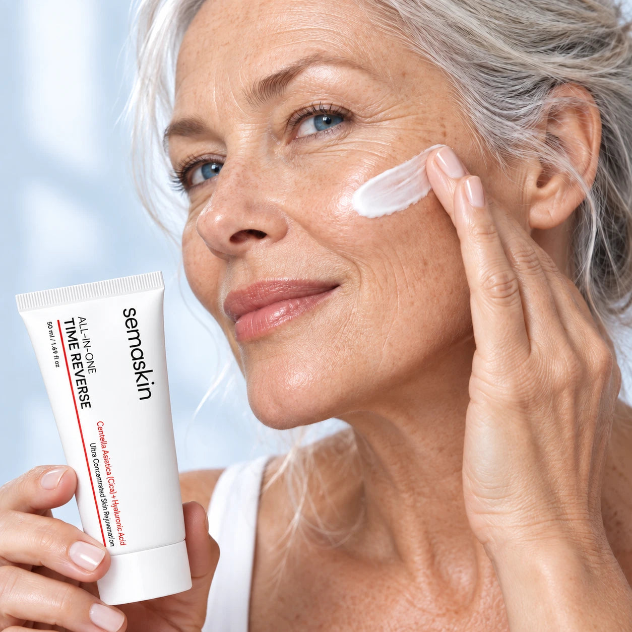 Close-up skin texture and a small dab of cream